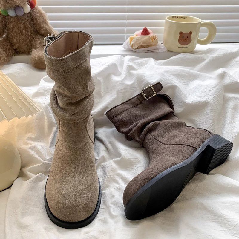 Single Boots Thin Sleeve Martin Boots Pile Boots Retro Medium Boots Women's 2025 Autumn and Winter New Flat Short Boots Women's