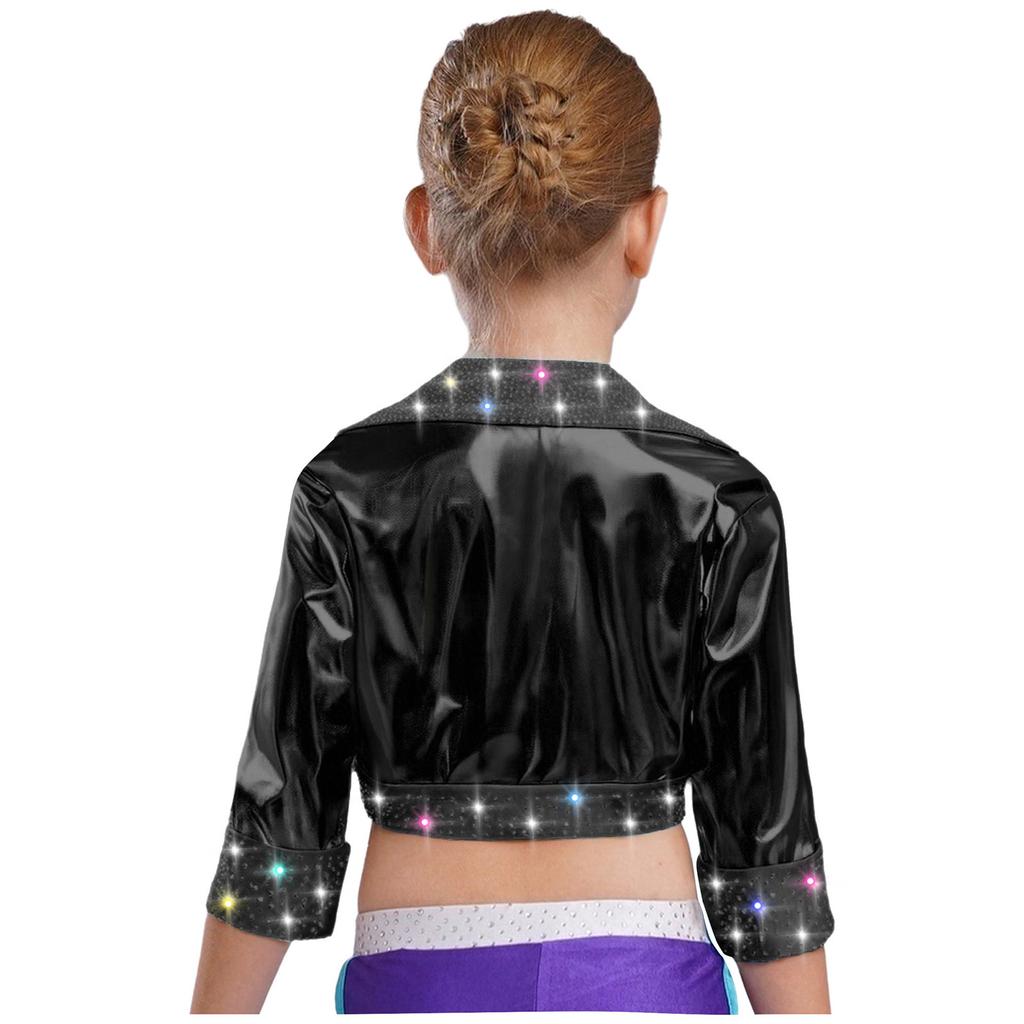 Mädchen Reverskragen Langarm Glänzende Strasssteine Metallische Jacke Jazz Dance Oberbekleidung
