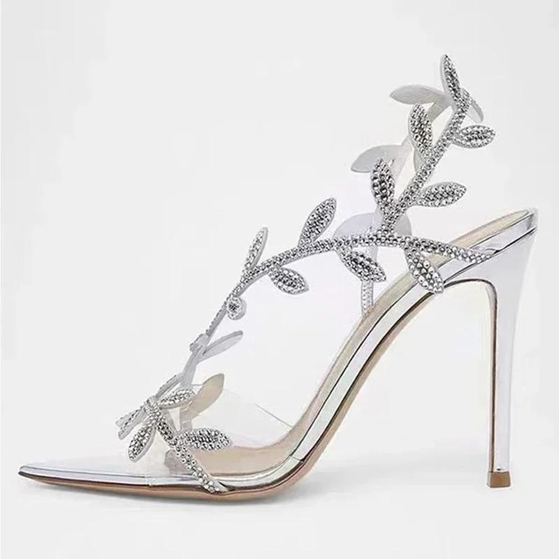 Fashion Women High Heels Summer Street Style Transparent Crystal Pointed Toe Women Sandals Women Fashion Stripper Thin Heels Party Shoes