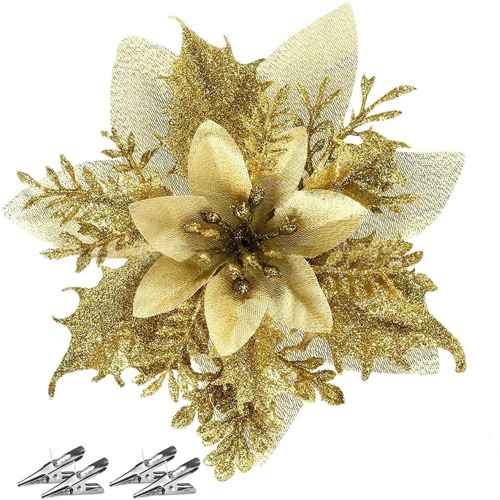 5/10pcs 14cm Glitter Artificial Flowers - Pink Red Gold Christmas Ornaments for Xmas Tree Home Decor