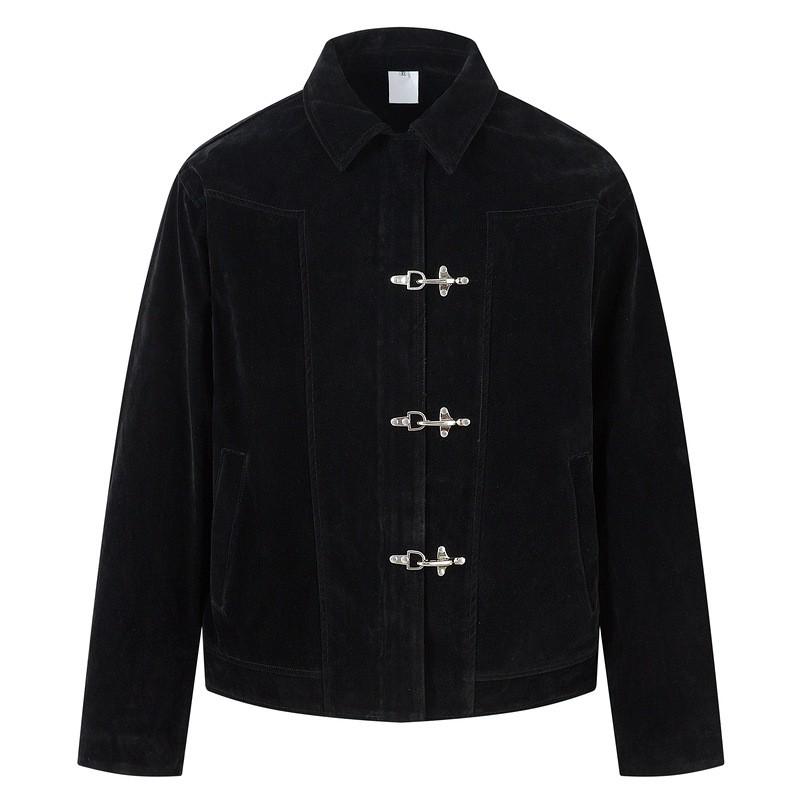 Unisex Vintage Suede-Style Cropped Jacket With Patchwork Detail Loose Fit Outerwear