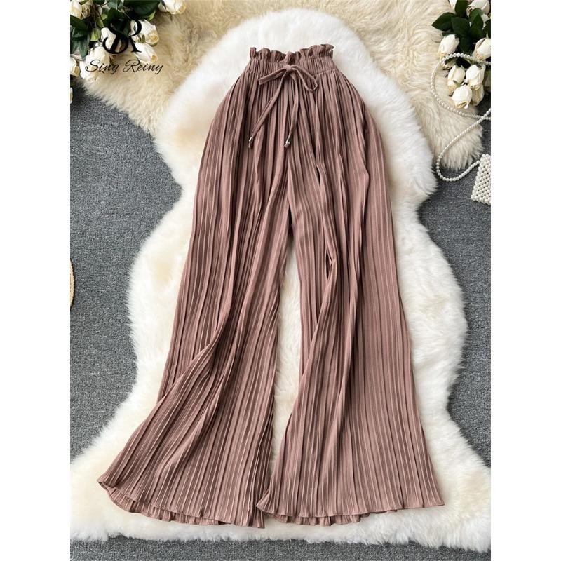 

Базовые повседневные брюки с повязками, женские летние широкие драпированные брюки большого размера с высокой талией, однотонные длинные плиссированные брюки M коричневый