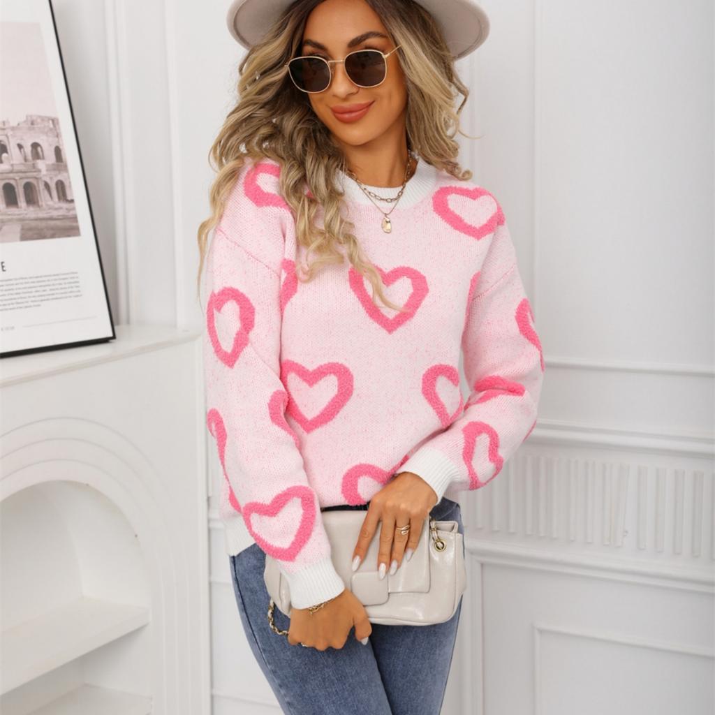 Ladies' Fashionable Heart-shaped Sweater, Loose And Versatile Valentine's Day Knitted Pullover Sweater