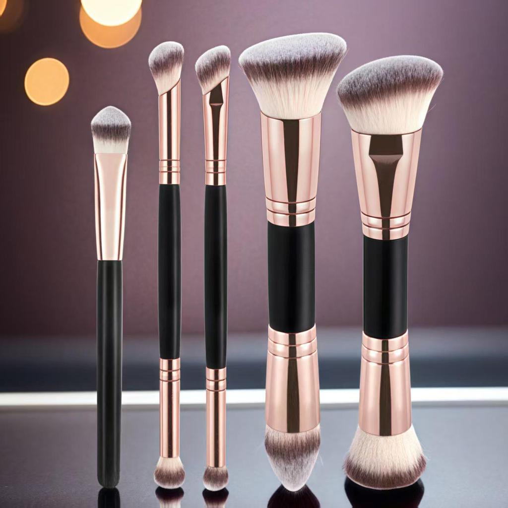 5 Double-Ended Makeup Brushes: Foundation, Blush, 3-Color Contour, Soft Bristle, Loose Powder, Beauty Tool Set