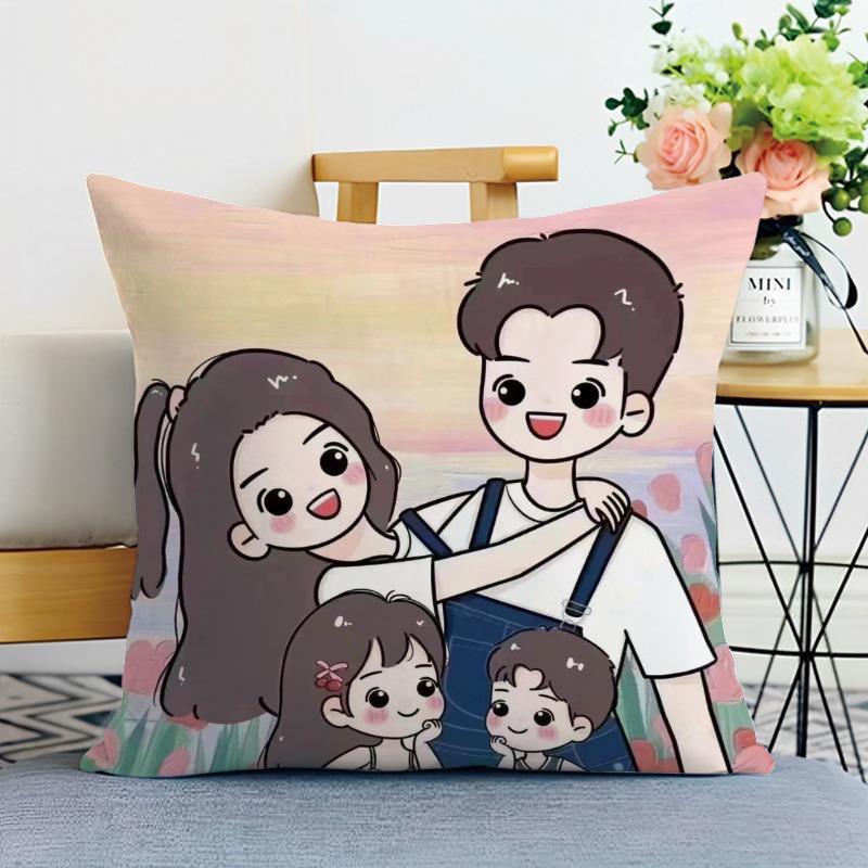 Happy Family Print Decorative Pillowcase Bedroom Living Room Square Cushion Pillowcase