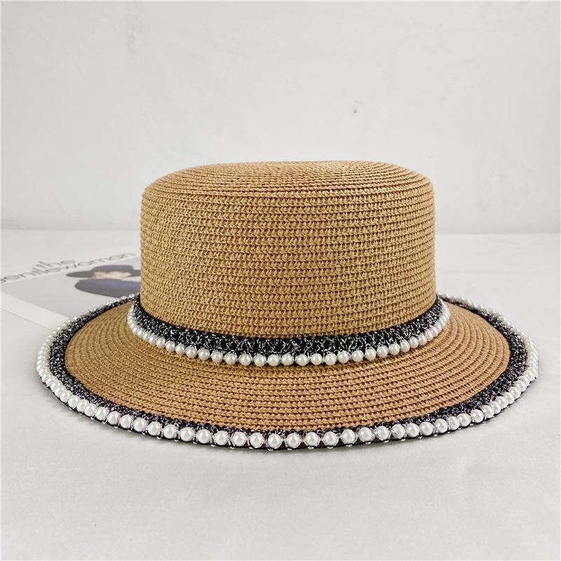 French Retro Pearl Lace Flat Top Straw Hat Women's Tide Summer Outing Seaside Sun Hat Beach Hat