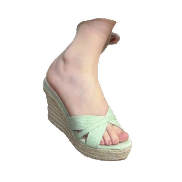 Módní letní dámské plátěné sandály pantofle venkovní pantofle sandály na silné podrážce boty na klínku s vysokým podpatkem ženy