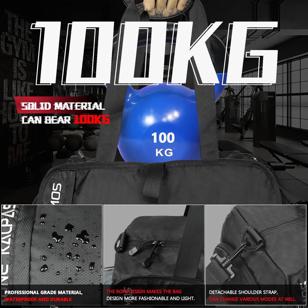 Krone Kalpasmos Foldable Gym Bag for Men, Waterproof, with Shoe Compartment, Small Boston Bag for Travel, Gym, Fishing, and Pool (Black)