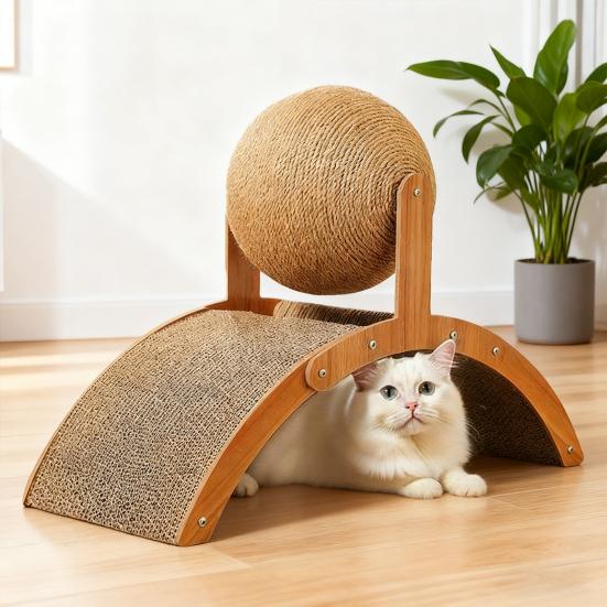 3-in-1 Cat Scratcher Cats Cardboard Scratching Pad with Sisal Ball Wood Frame Indoor Kitten Arched Scratcher for Active Cats Scratching Playing