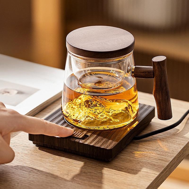 Office Men and Women High Temperature Resistant Glass Green Tea Cup Wooden Tea Water Separation Glass Brew Tea Cup Mountain View Glass Cup