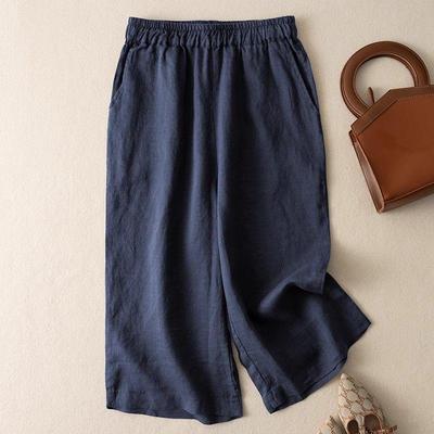 Women's Retro Loose-Fit Cotton Linen Shorts, Wide-Leg, Dark Blue