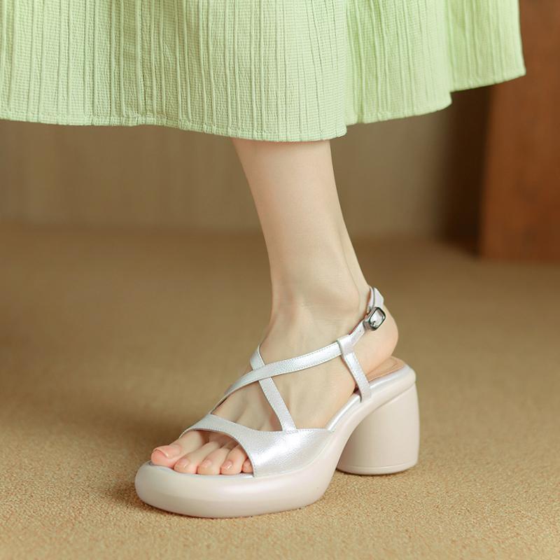 Huge Exquisite~ Huge Easy To Wear~ High-End Pearlescent Thick Heels High Heels Fashionable Cross-Strap Open-Toed Women'S Sandals