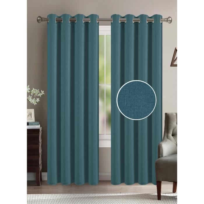 Rideau - HOME DECO - 140 x 260 cm - Effet Lin - Bleu - Prêt-à-poser - Lavable 30°C