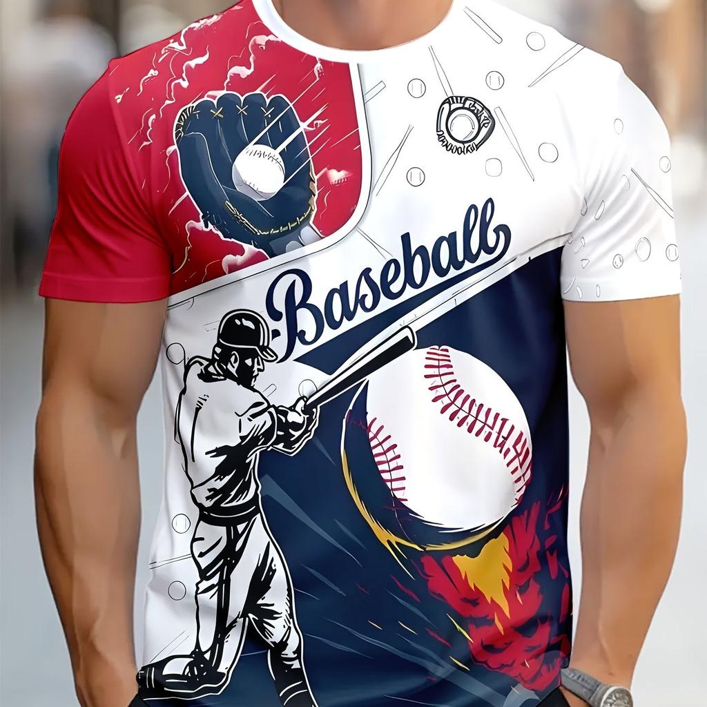 Men's Vibrant 3D Baseball Graphic T-Shirt - Casual Polyester, Stretch Knit, Round Neck, Short Sleeve, Regular