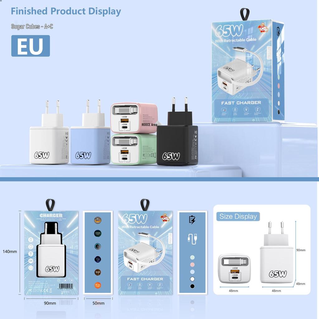 65W PD Fast Charger with Retractable Cable for Apple and Huawei