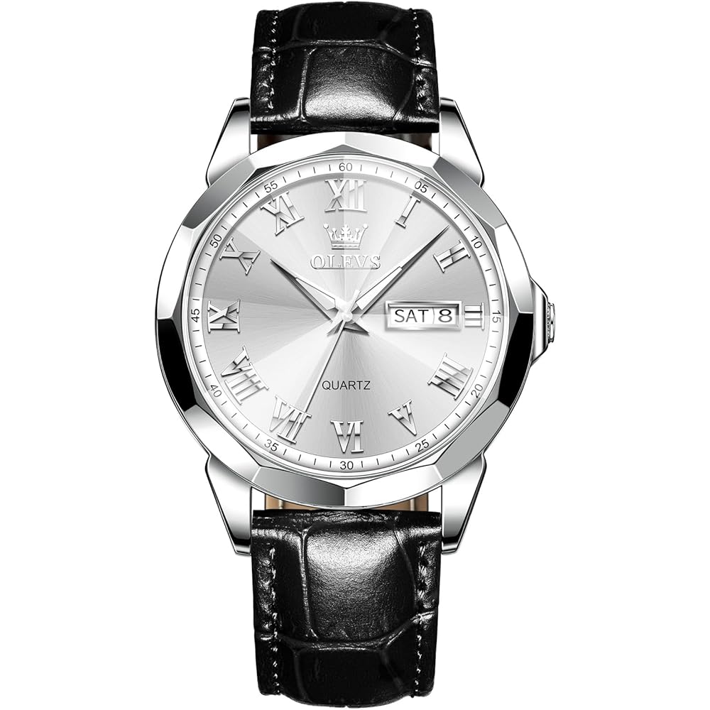 OLEVS Men s Analog Quartz Watch Black Waterproof Leather Strap Simple Design Silver Dial Date Display