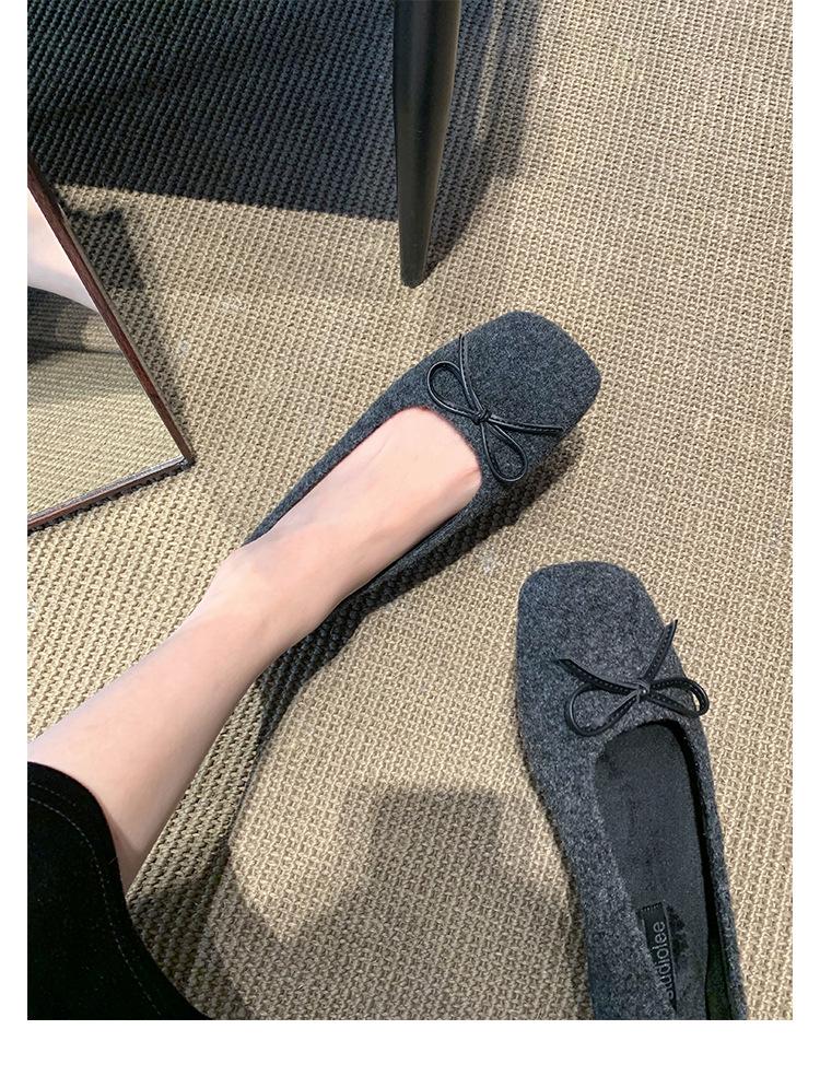 Wool version~ Versatile bow woolen light mouth ballet single shoes women's Mary Jane single shoes flat-soled fluffy shoes ladyshoes