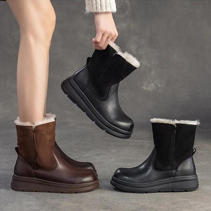 Johnature Retro Wool Warm Short Boots Genuine Leather Round Toe Side Zipper Thick Bottom Women's Shoes