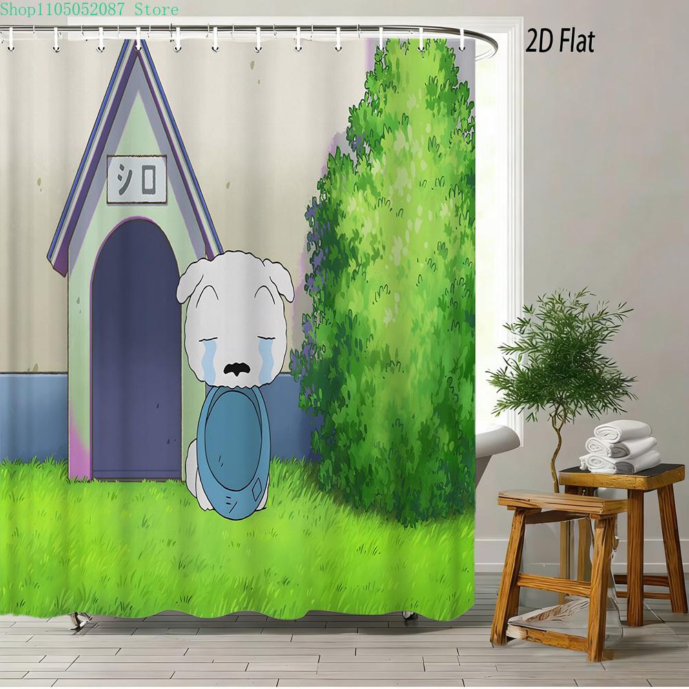 Crayon Shin-Chan Toru Kazama Animal Cosplay Peeking From Green Window Scene 2D Print Waterproof Shower Curtain, Bold Blue & Gree