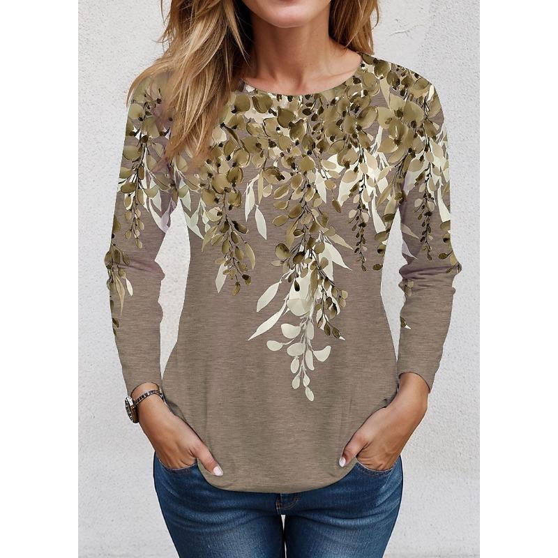 Long Sleeve Floral Pattern Women Casual T-Shirts Spring Autumn 3D Flower Print Retro Style Female Plus Size O-Neck Tops