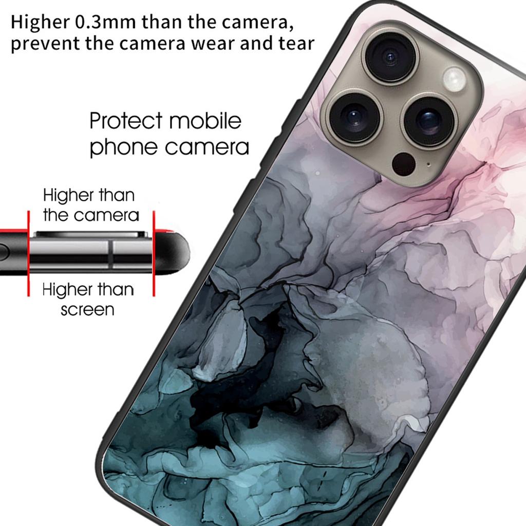 For iPhone 16 Pro Max Case Artistic Marble Pattern Tempered Glass Shockproof Phone Cover