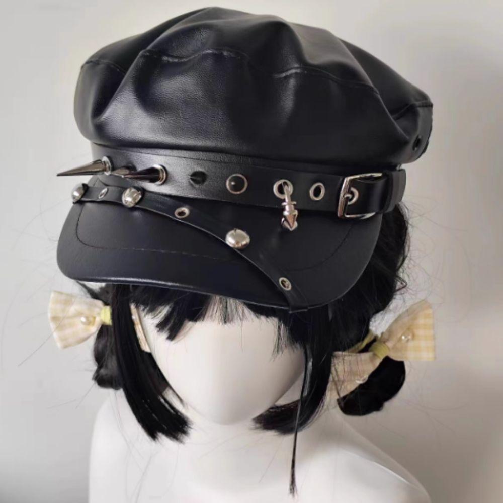 PU Leather Rivet Punk Cap Dark Retro Painter Hat Harajuku Gothic Spike Cap  Headdress