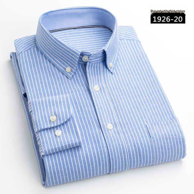 Men's Long Sleeve Washed Cotton Oxford Shirt - Slim Fit, Plaid, Iron-Free Stripes, Casual Style