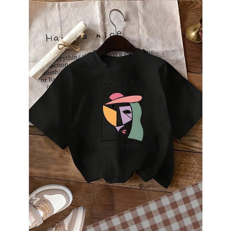 

European Size 1pc Women s Abstract Art Design T-Shirt - Retro Chic Picasso-Inspired Short Sleeve, Comfortable & Versatile for Casual Attire 4XL чорний