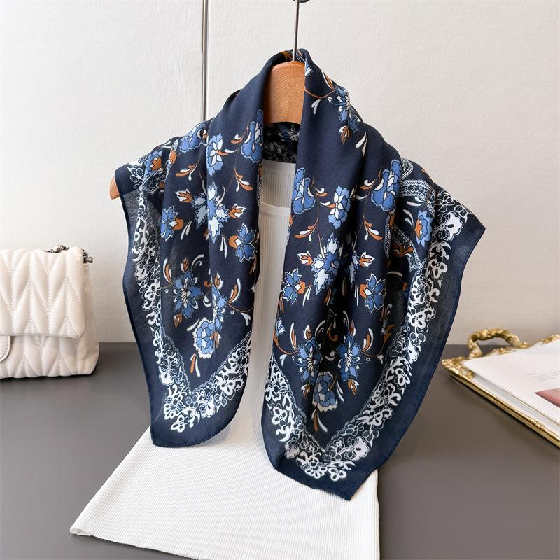 2024 Luxury Animals Floral Print 70cm Cotton Velvet Square Scarf for Women Soft Neckerchief Lady Hijab Neck Tie Hair Headbands