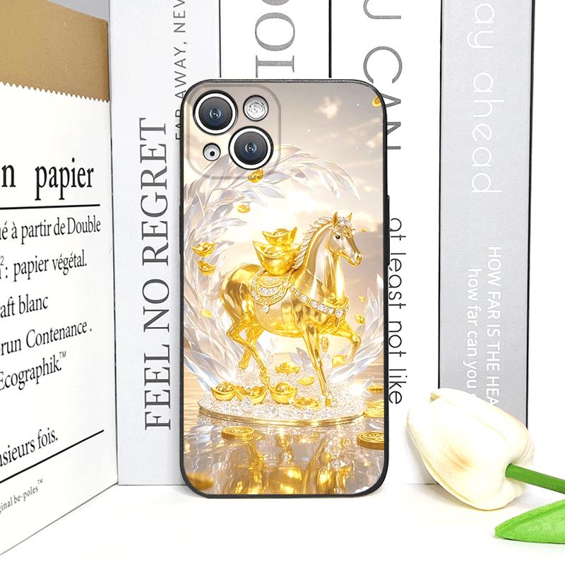 Luxury Crystal Golden Horse Pattern Phone Case for IPhone 17 16 12 11 14 Plus 13 15 Pro Max Mini X XS XR Shockproof Soft Covers