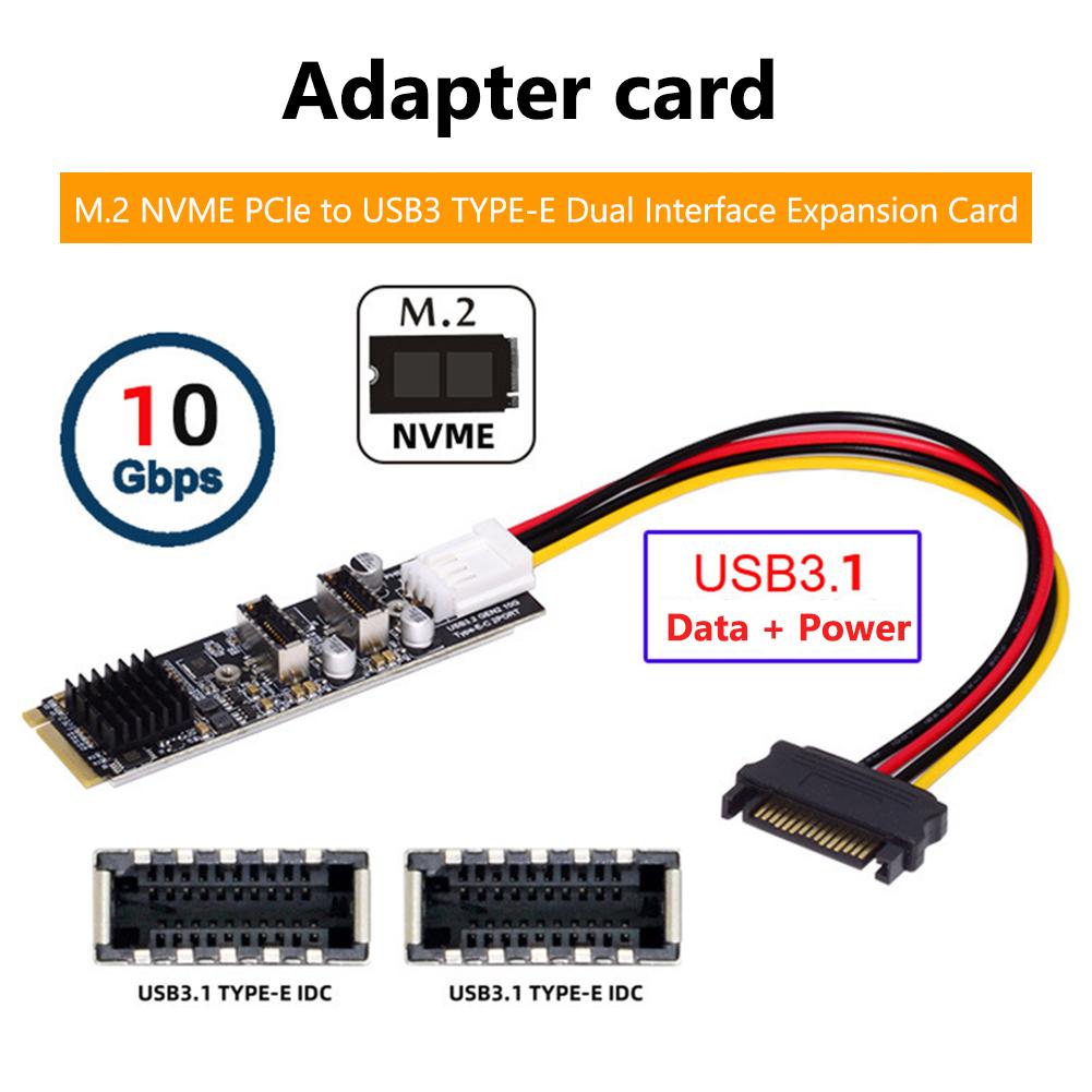 NVME NGFF M-Key To Dual Type-E USB 3.1 Front Panel Expansion Card 10Gb Front Expansion Cards Adapter USB-C Hub Riser for PC