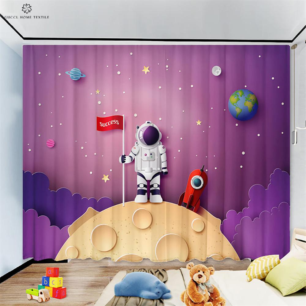 Animation Cartoon Astronaut Curtains for Children's Room, Window Decoration, Living Room, Study, Kitchen, Space, 2Pcs