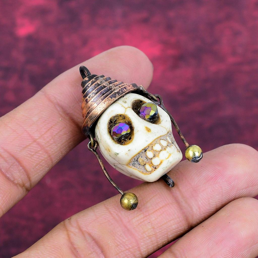 Howlite Pendant Titanium Bead Eyes & Skull Bone Face Pendant Copper Wire Wrapped Gemstone Jewelry