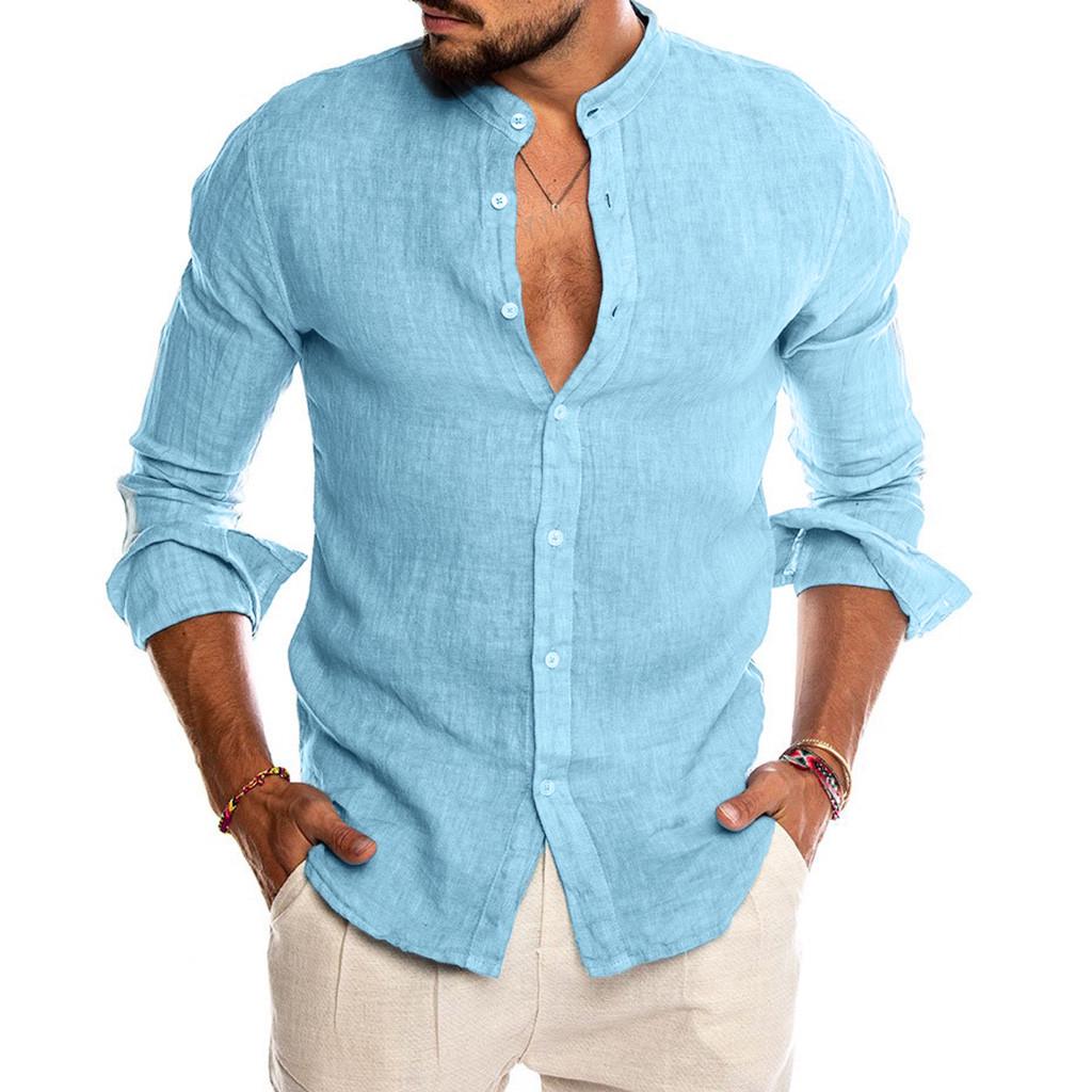 Fashion Men's Casual Button Solid Beach Long Sleeve Top Blouse