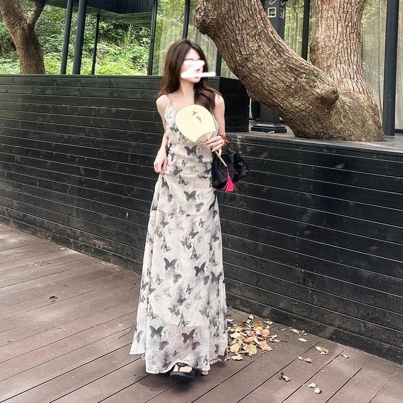 Cold ink butterfly floral suspender dress women's summer new French chic beautiful temperament dress