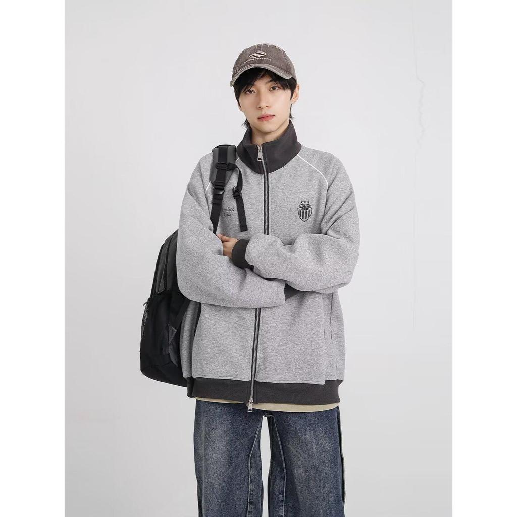 Spring Retro Color Block Raglan Sleeve Casual Jacket with Stand Collar
