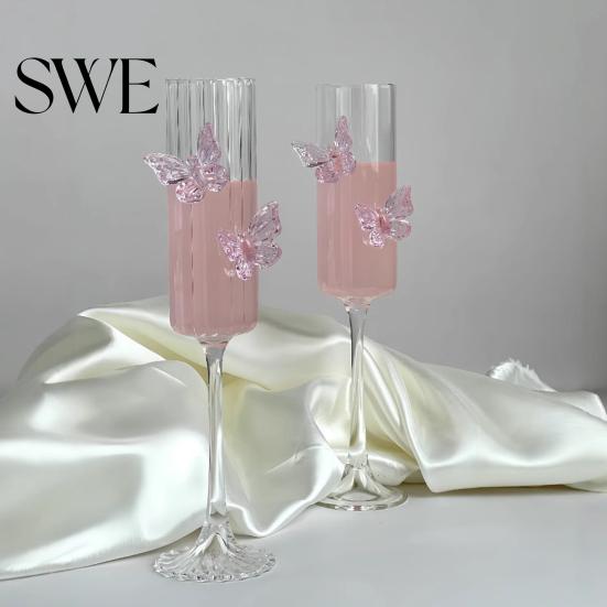 3D Butterfly Decoration Wine Glass Champagne Flutes with Pink Faux Crystal Wedding Party Anniversary Glasses