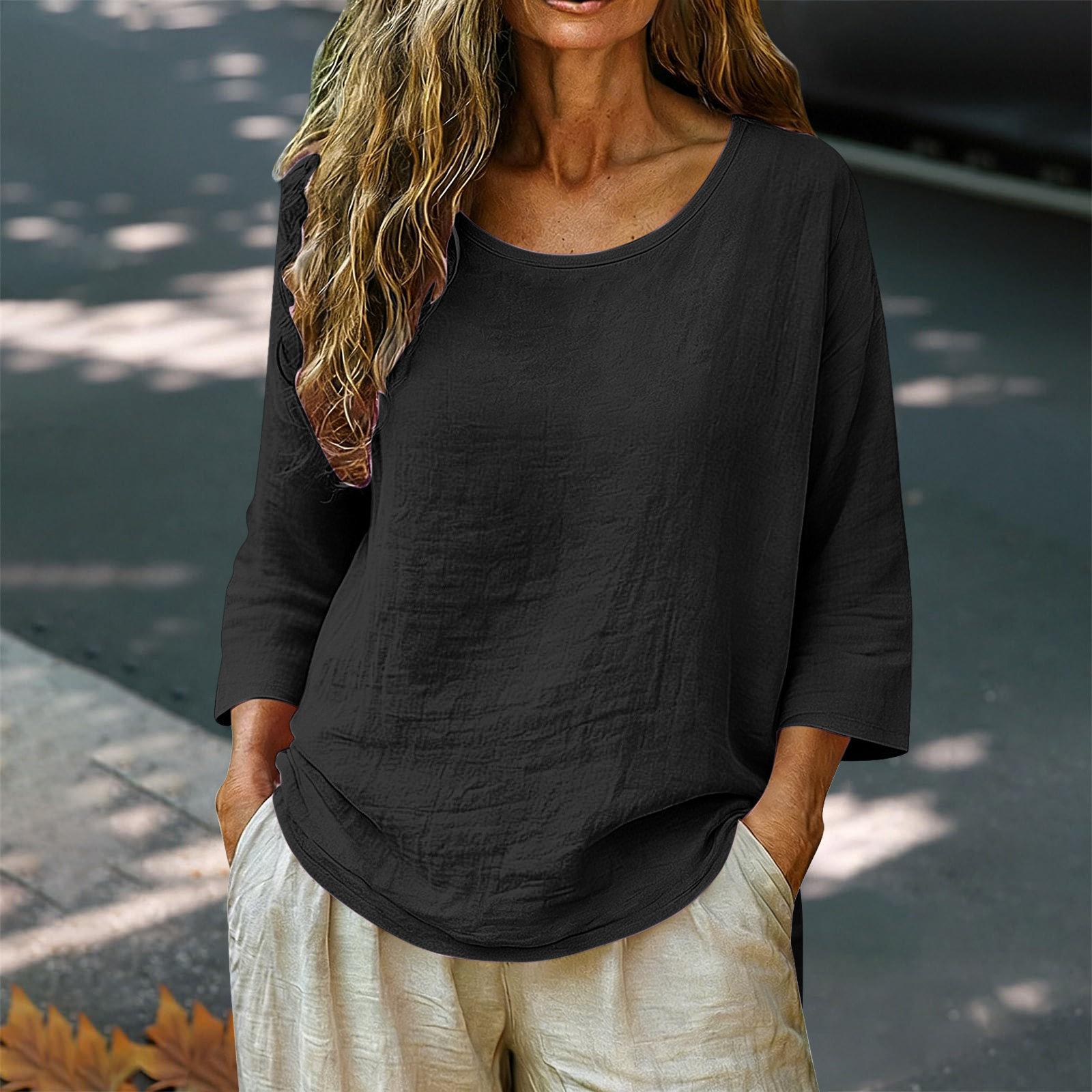 

Women s Fashion Loose-Fit -Color Round-Neck Casual Top L чёрный