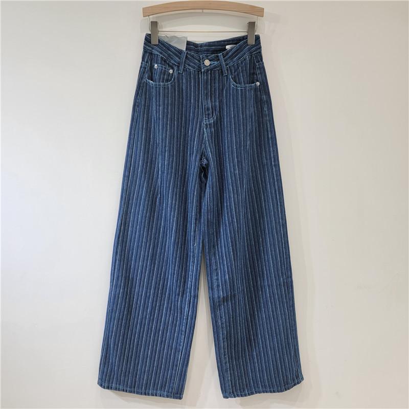 Women's High Waist Washed Striped Loose Straight Wide Leg Vintage Casual Denim Pants Summer Fashion