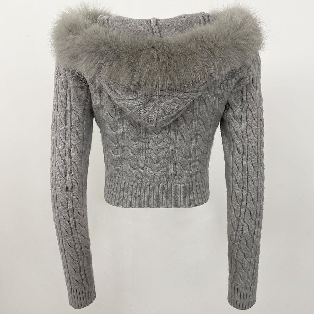 OFTBUY Soft Winter Real Fox Fur Autumn Warm Knitted Coat Short Zipper Hooded Women Jacket Casual Sweater Jacket Slim Lady Elegant Wholesale