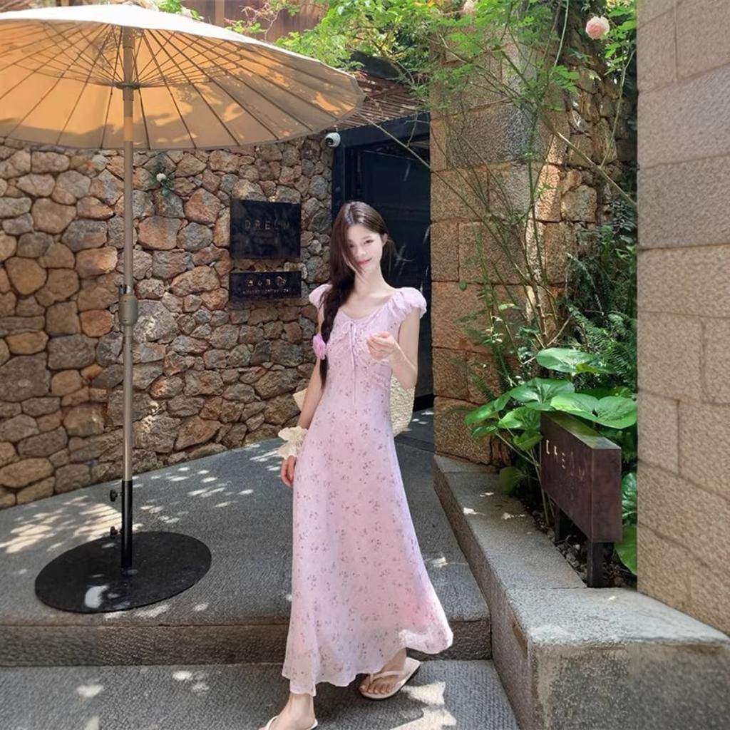 French beautiful V-neck floral dress women's summer new holiday style temperament waist long dress tea break dress