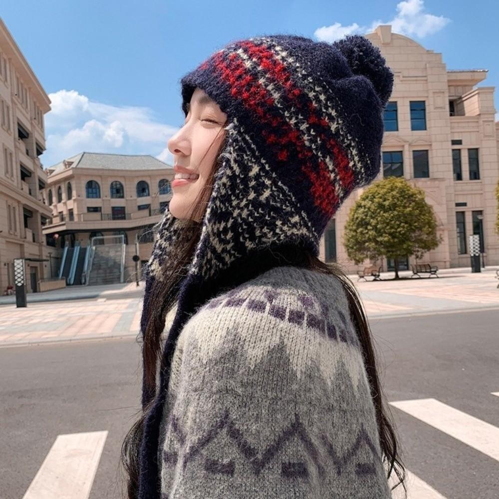 Jacquard Ear Protection Cap Y2k Women Wool Cap Cute Knitted Beanies Caps  Girls