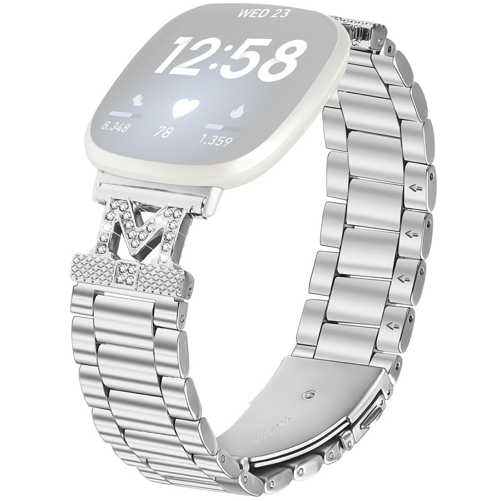 

For Fitbit Versa 4/Sense 2 Watch Strap Rhinestones Decor 3-Bead Silver Stainless Steel Band As shown A