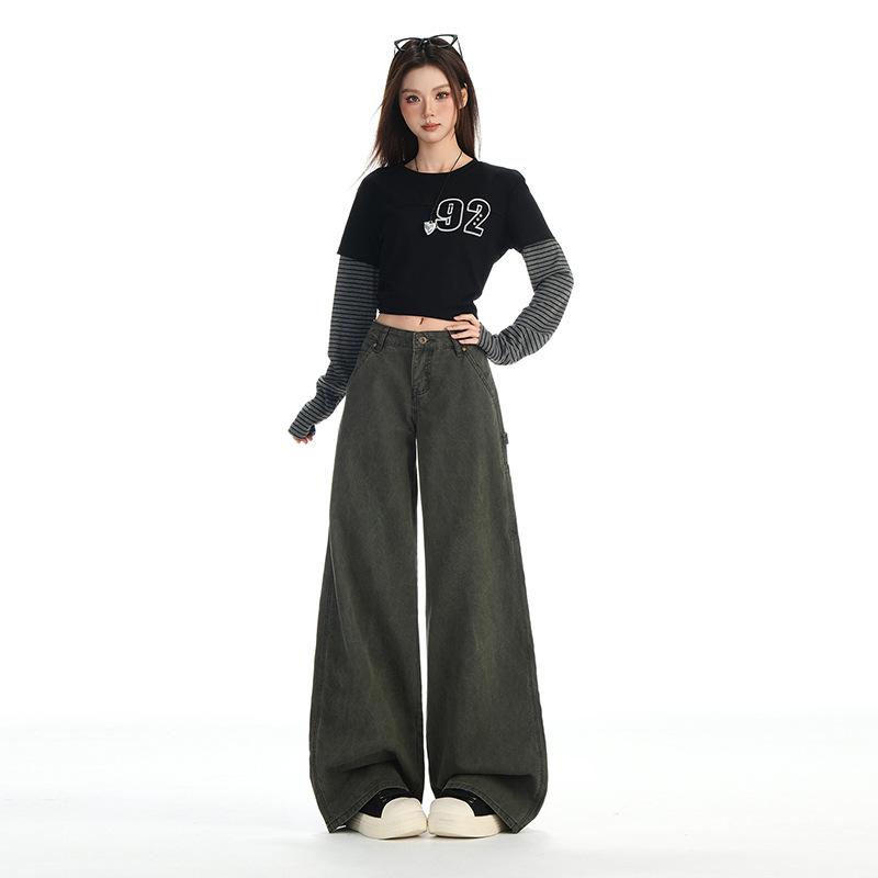 Army green utility jeans for women, new autumn American low-rise loose straight-leg versatile wide-leg pants