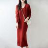 Women's V-Neck Pure Wool Knit Sweater Dress - Mid-Length, Loose Fit for Autumn & Winter