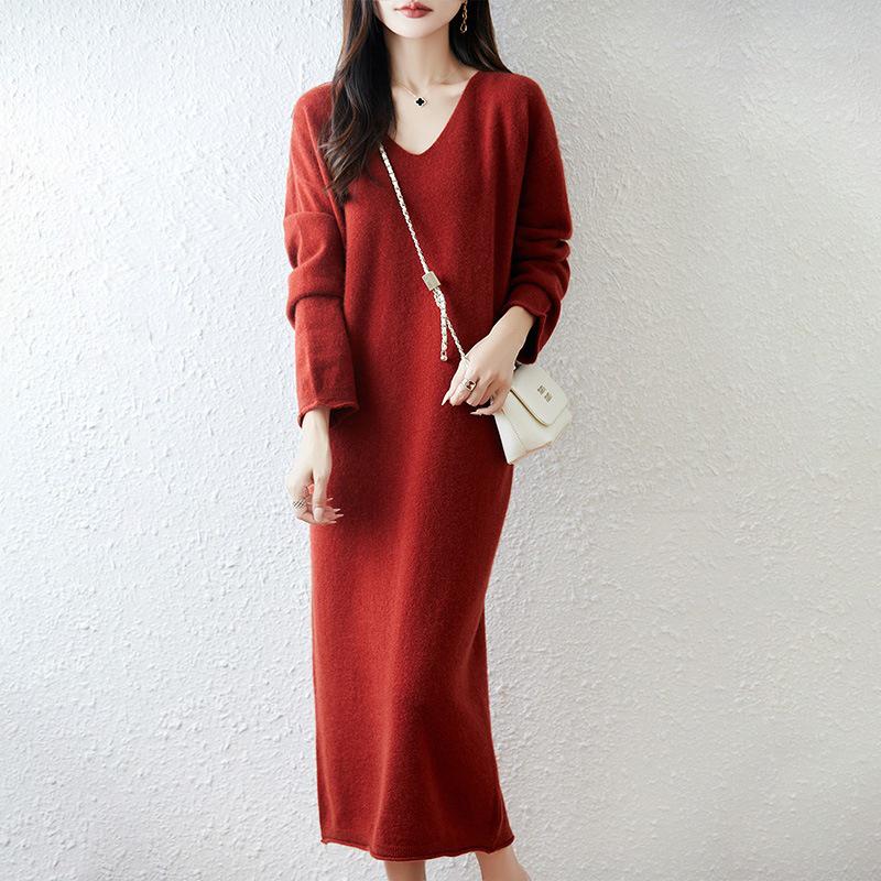 Women's V-Neck Pure Wool Knit Sweater Dress - Mid-Length, Loose Fit for Autumn & Winter