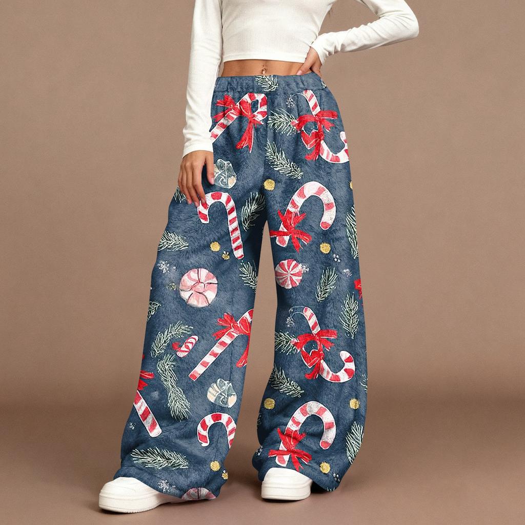 Women's Casual Fashion Christmas Print Elastic Waist Loose Plush Wide Leg Pants