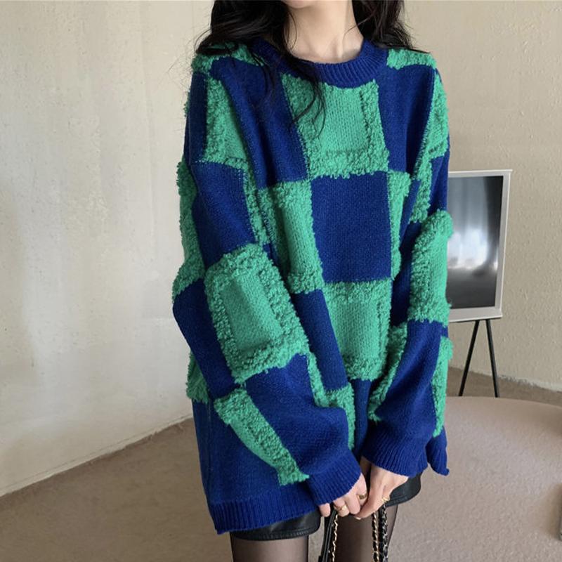 

Женский утолщенный свободный пуловер с круглым вырезом, трикотажный топ синий