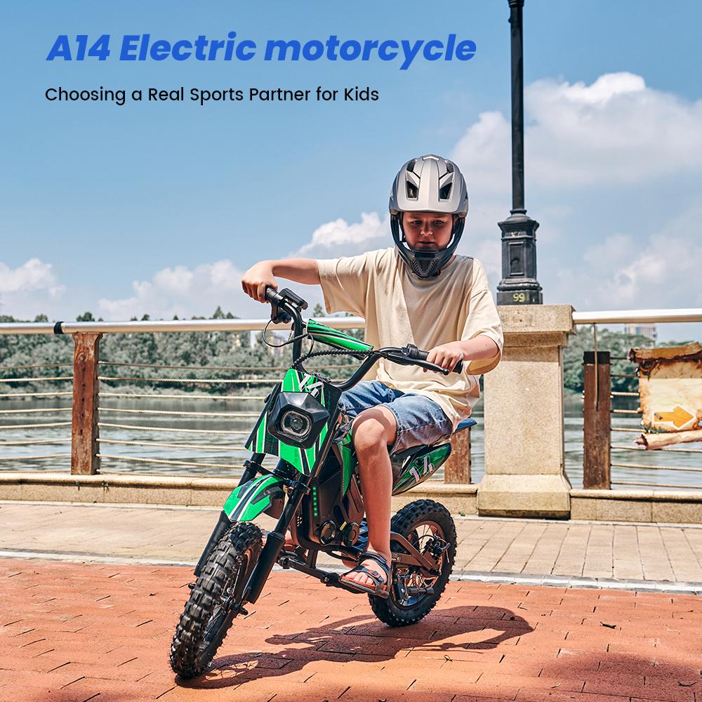A14 Kids ELECTRIC DIRT BIKE 14 Inch 500W Motor 36V5.2Ah Battery 20-22km Range Shock Absorption, Bluetooth LED Lights