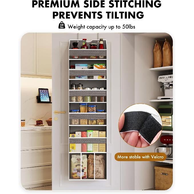 Over The Door Organizer Hanging - 6 Shelf Over Door Organizers with 6 Clear Front & 12 Side Pockets - Swing-proof 50LB Load Behind Door Storage for
